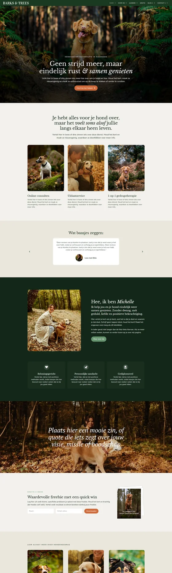 Website template Barks & Trees voor dierprofessionals: homepagina, variant 1