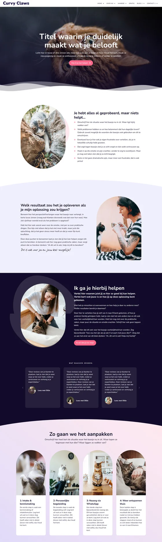 Website template Curvy Claws voor dierprofessionals: aanbodpagina, variant 1