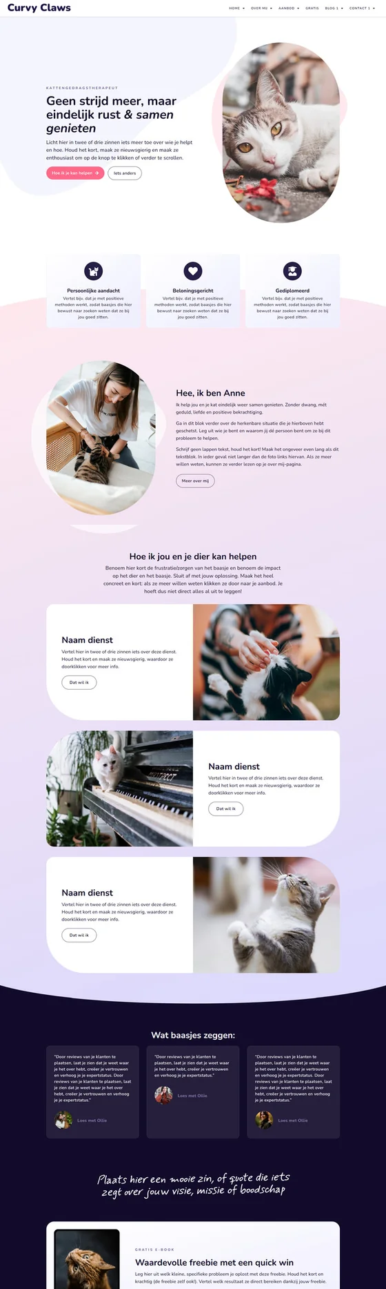 Website template Curvy Claws voor dierprofessionals: homepagina, variant 1