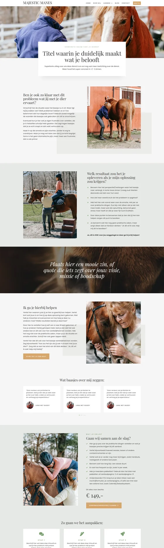 Website template Majestic Manes voor dierprofessionals: aanbodpagina, variant 1