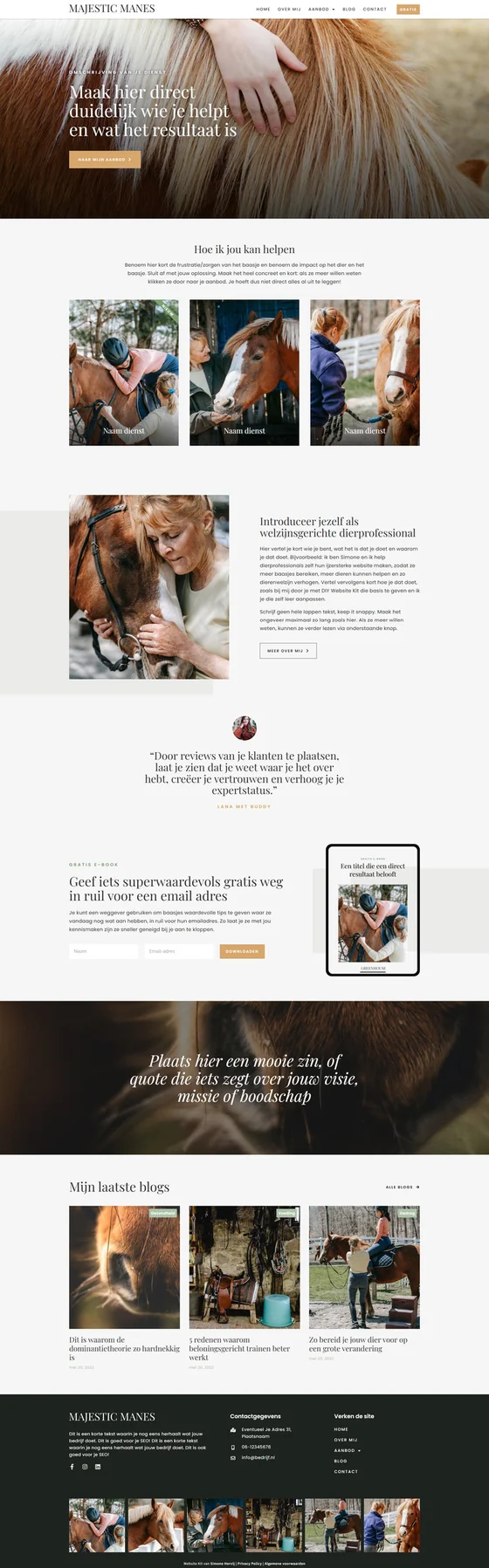 Website template Majestic Manes voor dierprofessionals: homepagina, variant 1
